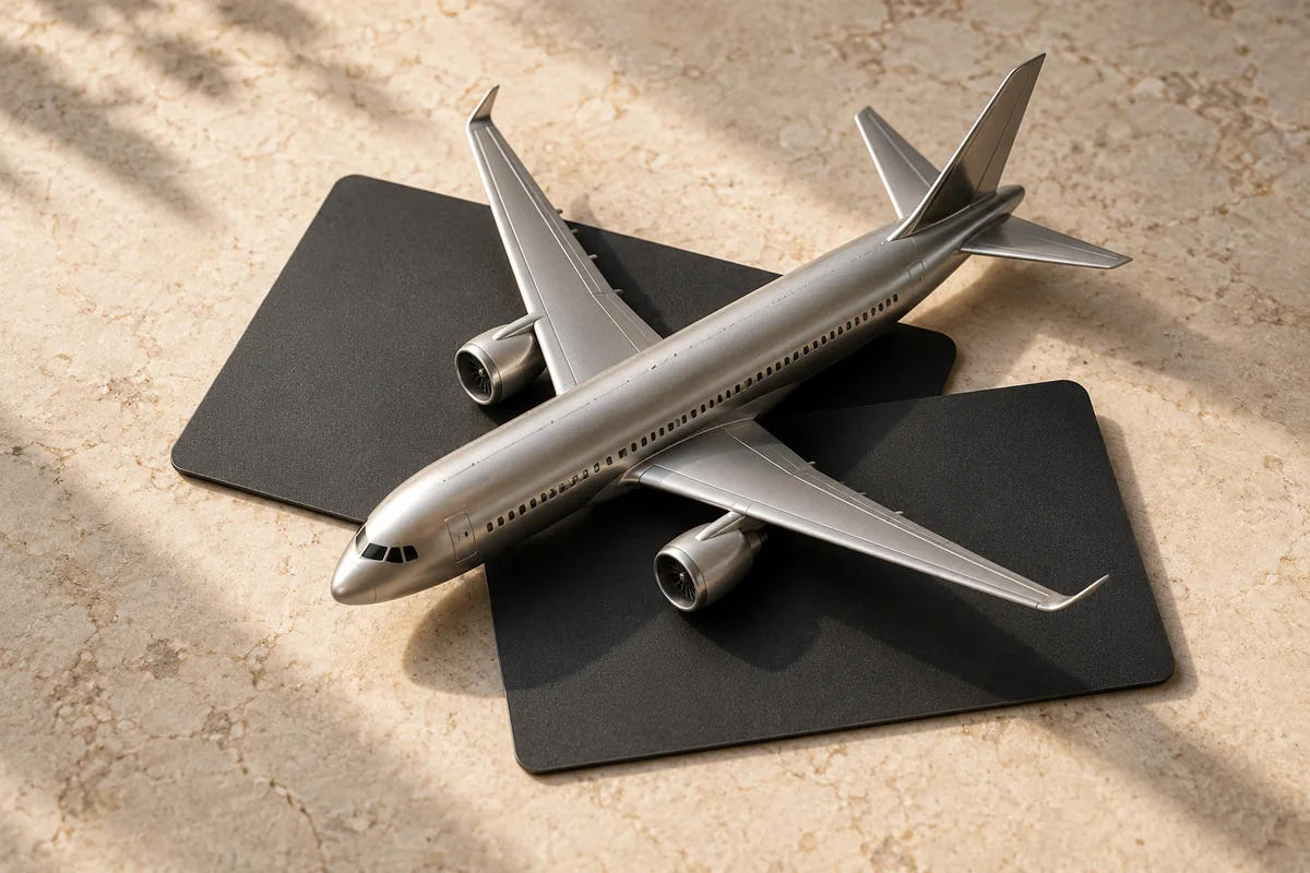 A model passenger plane over blank loyalty cards