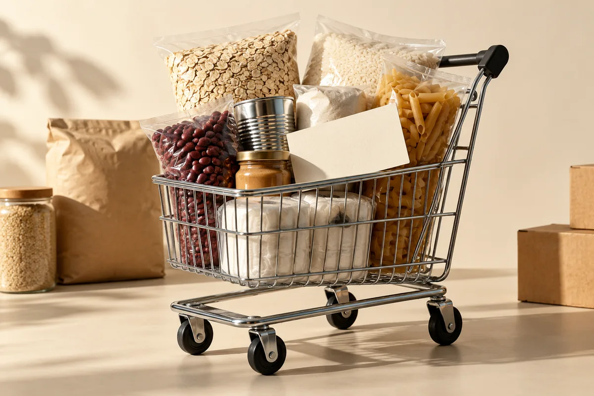 A miniature shopping trolley with pantry packages and a blank membership card