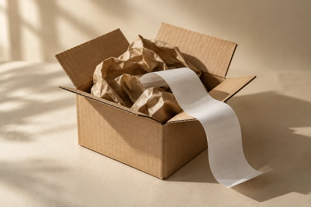 A cardboard parcel and packing paper