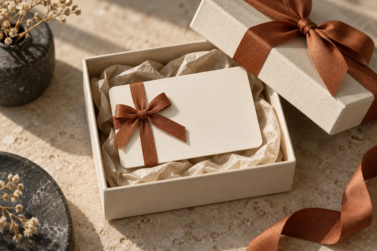 A blank gift card in an open box with ribbon
