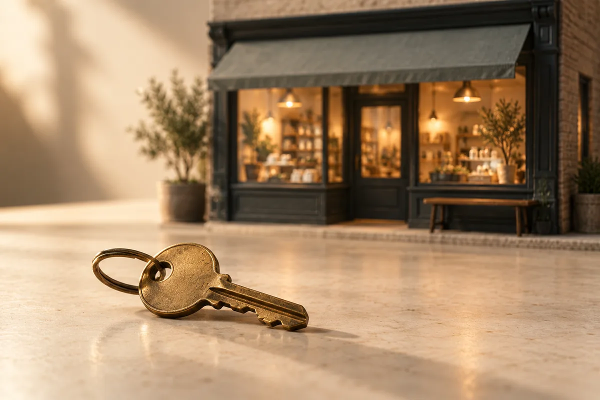 A brass shop key in front of a miniature neighbourhood shop with warmly lit windows on a cream surface