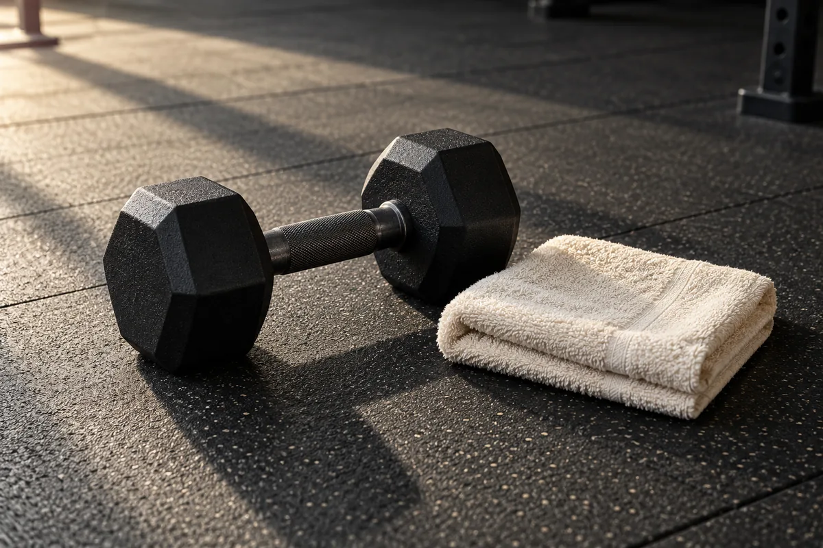A black dumbbell beside a folded gym towel
