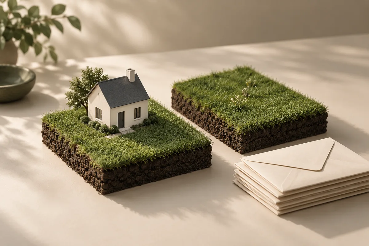 Two miniature grass-covered land parcels, one with a model house, beside a stack of cream envelopes