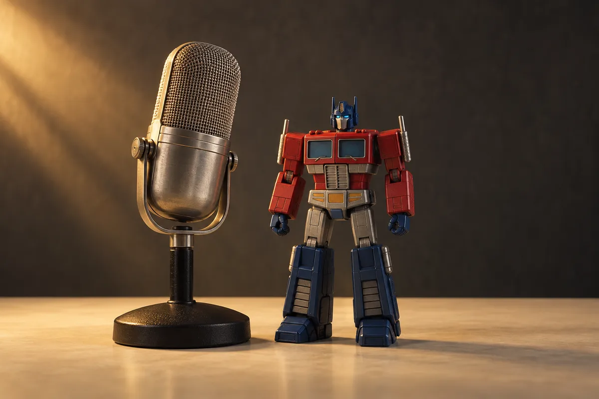 A studio microphone beside an illustrated red and blue Optimus Prime figurine