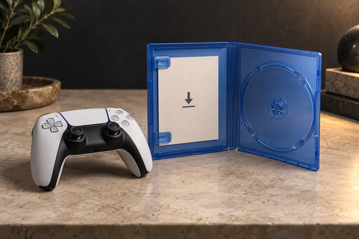 A white and black game controller beside an open blue case with an empty disc holder and a download-symbol insert