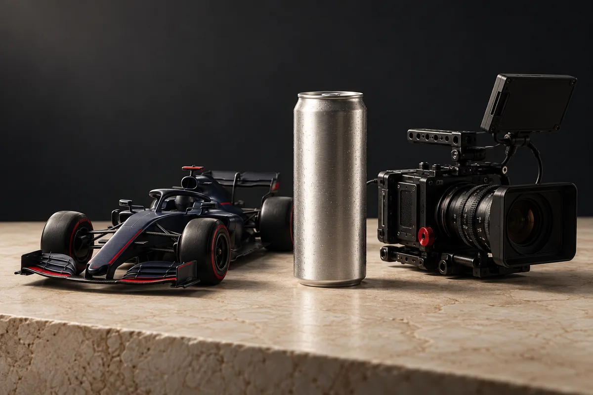 A silver drinks can beside a model racing car and a black cinema camera on cream stone