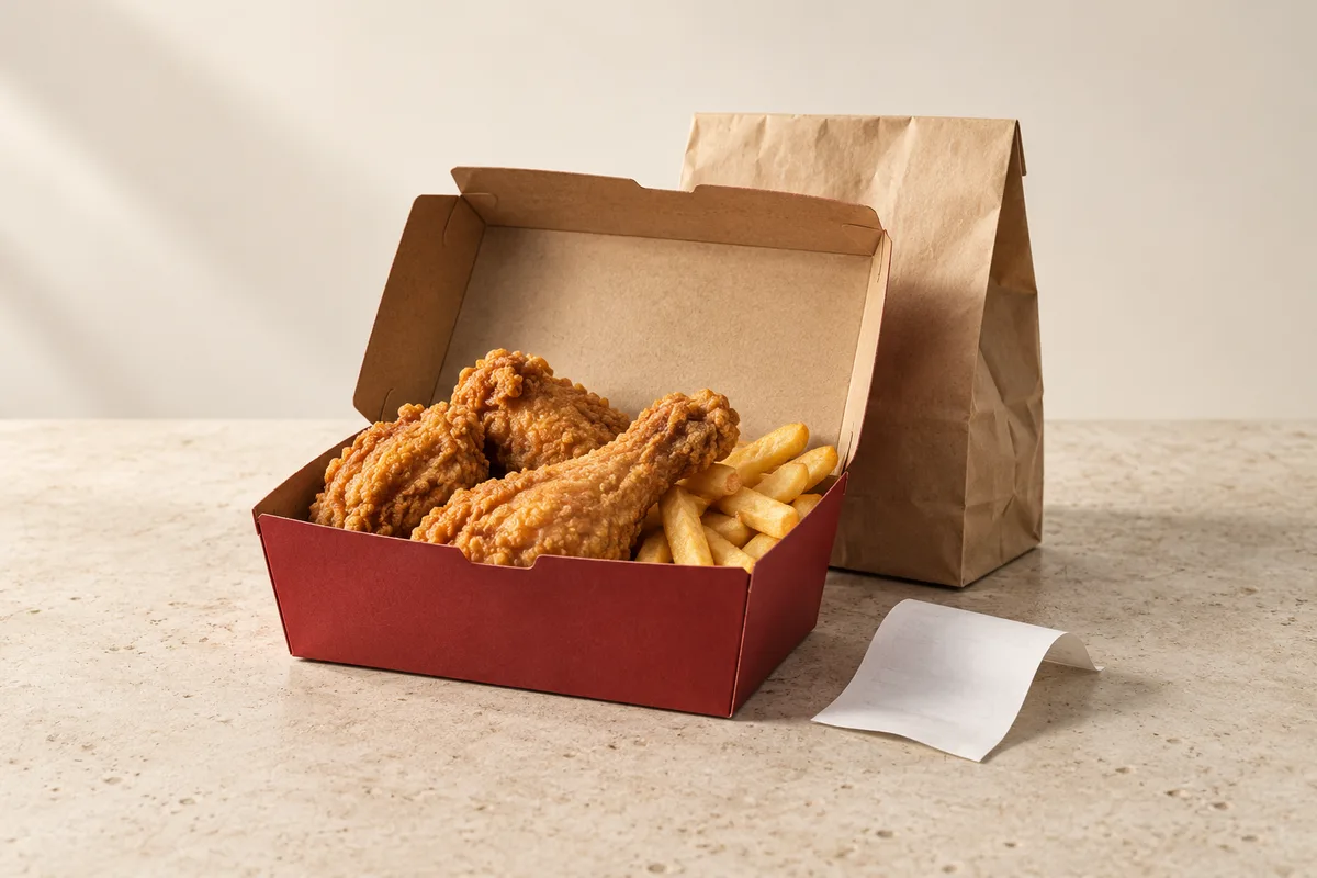 Fried chicken and chips in an unbranded red takeaway box beside a paper bag and blank receipt