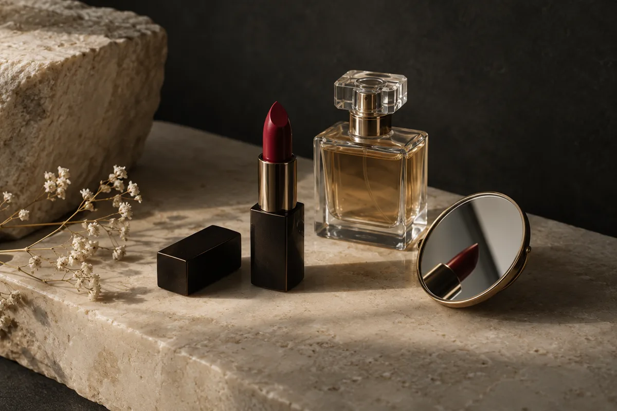 Lipstick, perfume and a mirror