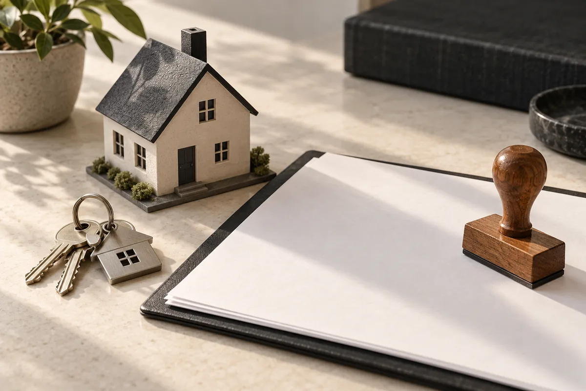 House keys, a model house and a wooden stamp beside paperwork