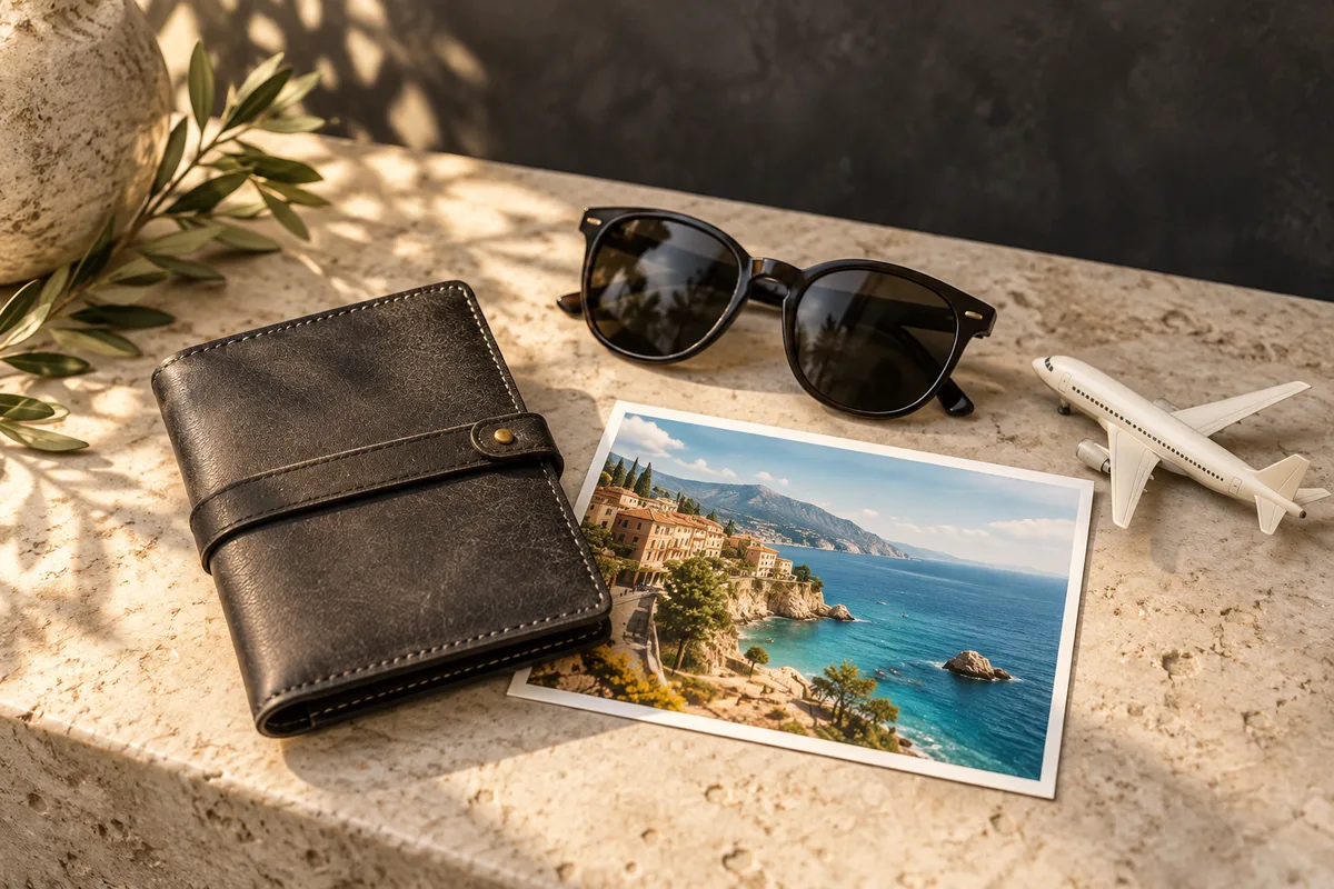 A dark travel wallet, sunglasses, a coastal postcard and a miniature passenger plane on cream stone
