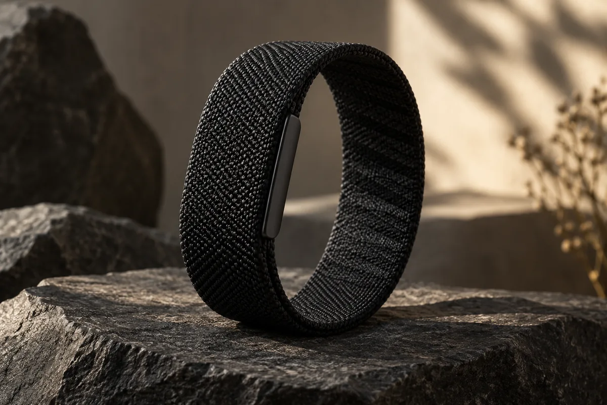 A conceptual screenless black fitness wristband